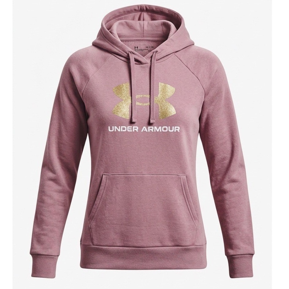 Under Armour Womens 1X Rival Fleece Hoodie Mauve Gold Glitter Logo Pullover XL